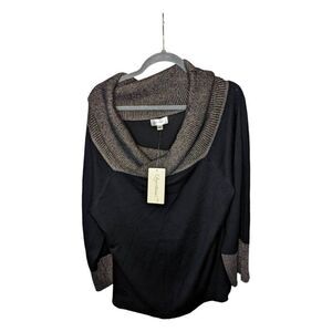NWT Questions? Knitted Black Blouse with Deep Cowl Turtle Neck Long Sleeves Wome